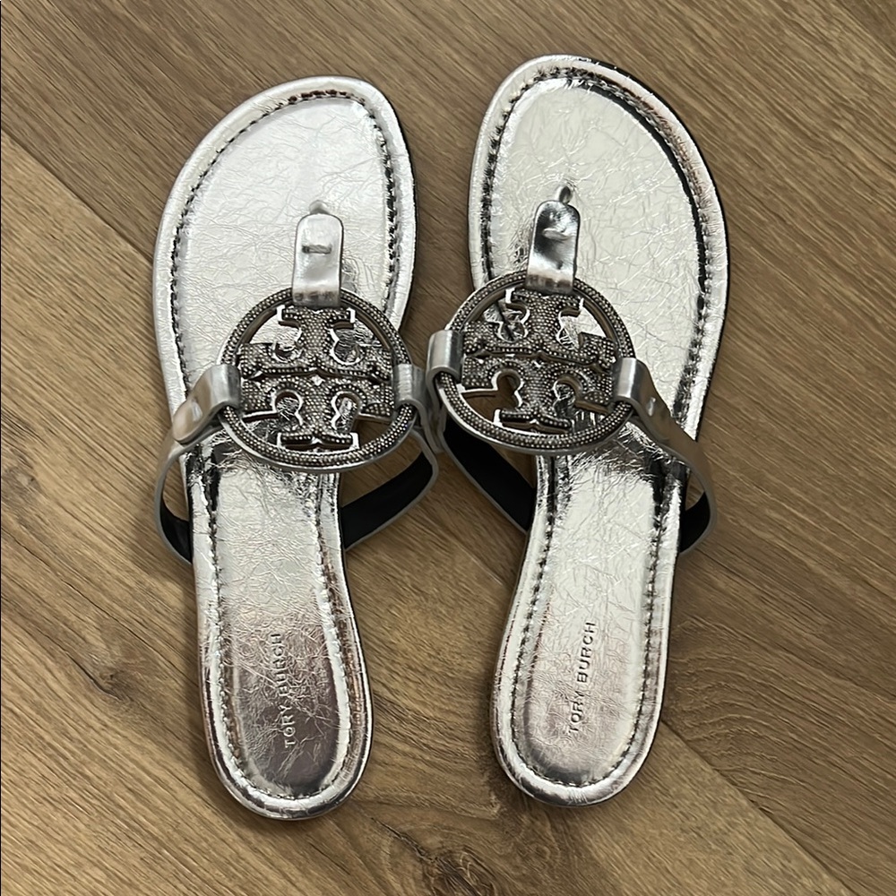 Tory Burch Silver Sandals with Medallion Logo